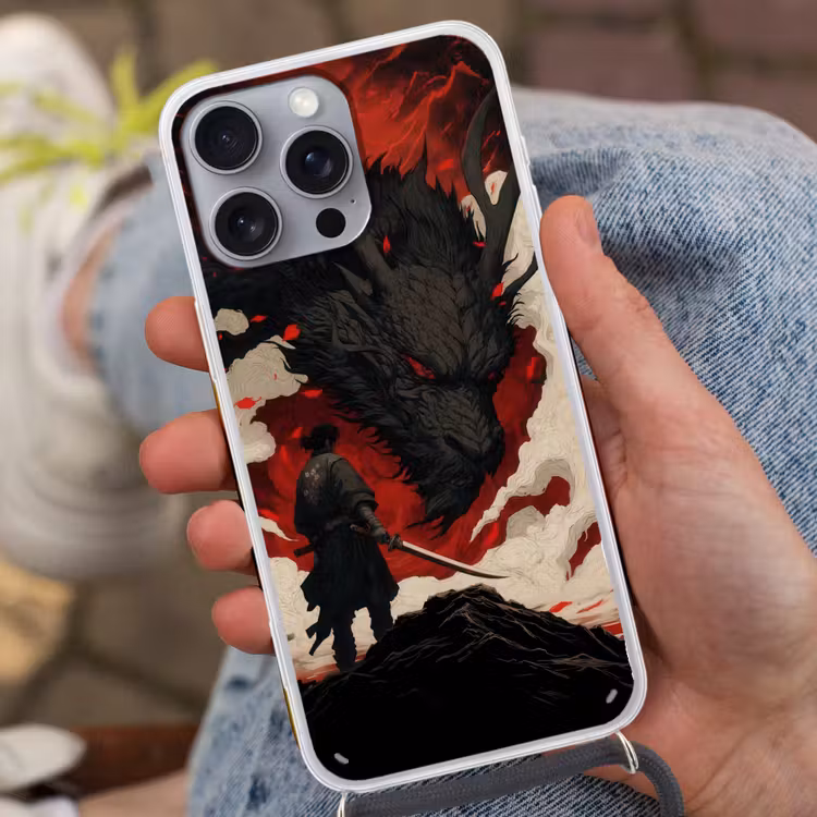 Krijger - Draak - Zwart - Rood - Rook Hoesje iPhone 16 Pro Max met koord klein -sfeer3