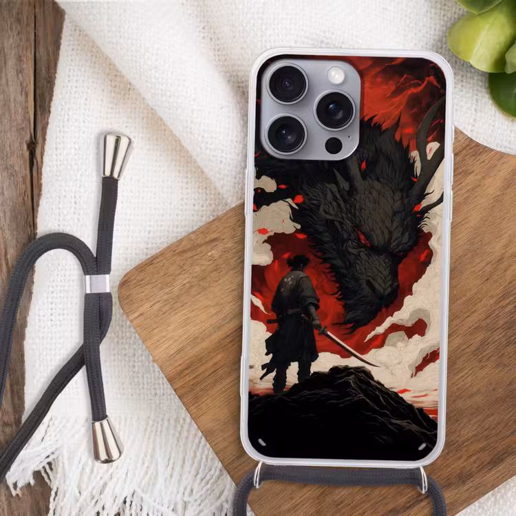 Krijger - Draak - Zwart - Rood - Rook Hoesje iPhone 16 Pro Max met koord klein -sfeer4