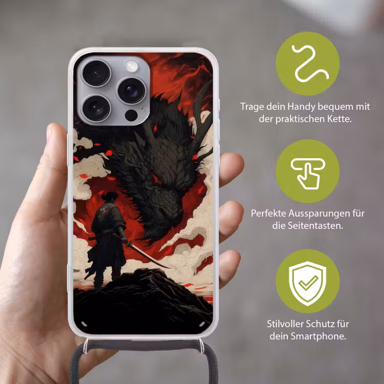 Krijger - Draak - Zwart - Rood - Rook Hoesje iPhone 16 Pro Max met koord klein -sfeer2_DE