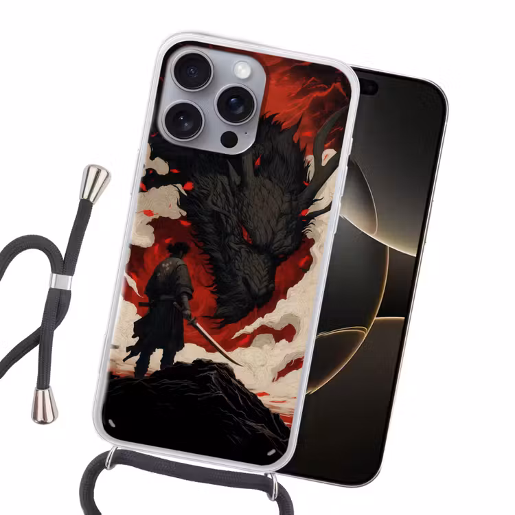 Krijger - Draak - Zwart - Rood - Rook Hoesje iPhone 16 Pro Max met koord klein -sfeer1