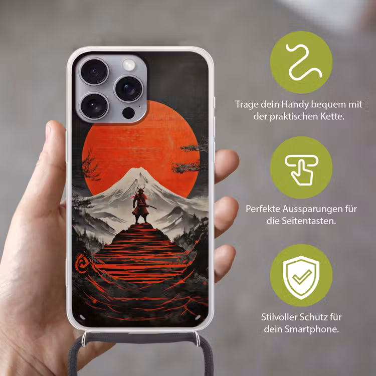 Krijger - Rode trappen - Zon - Berg Hoesje iPhone 16 Pro Max met koord klein -sfeer2_DE