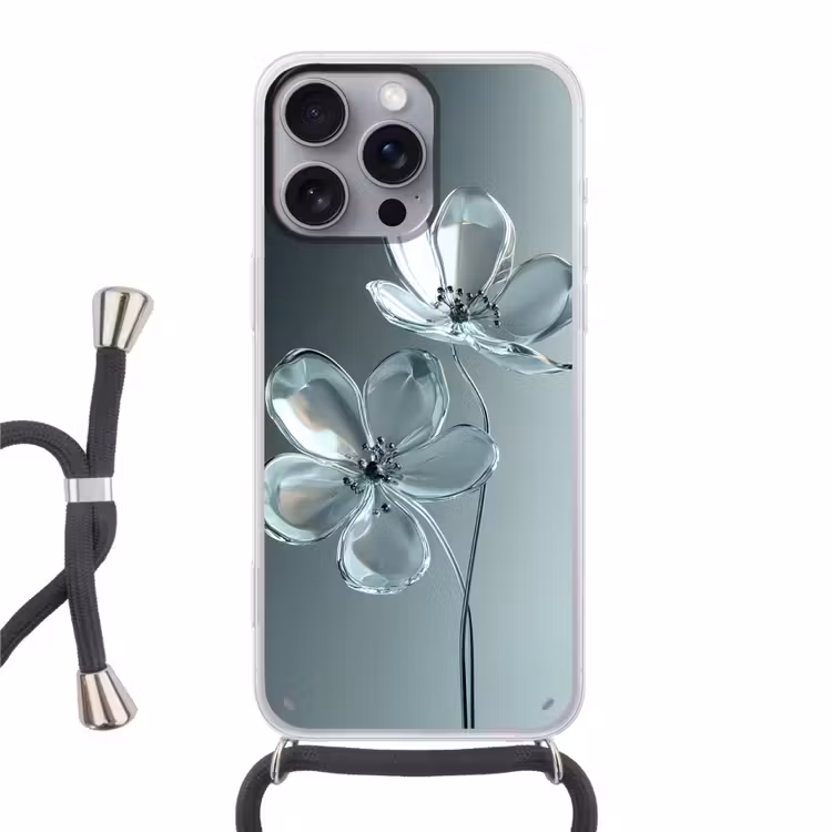 Kristal - Bloemen - Grijs Hoesje iPhone 16 Pro Max met koord klein -3d