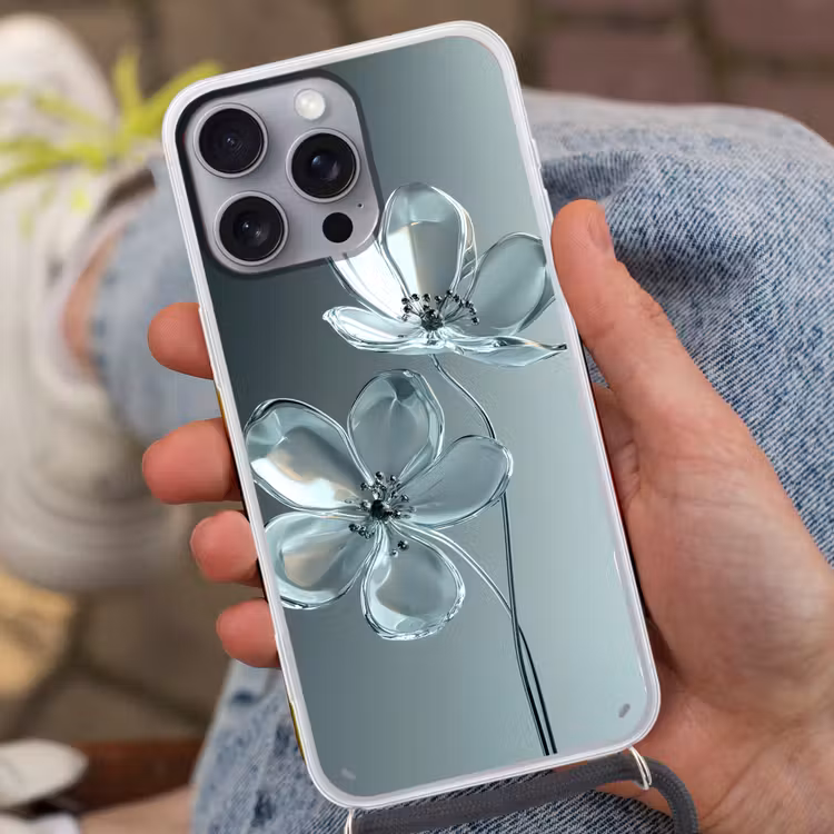 Kristal - Bloemen - Grijs Hoesje iPhone 16 Pro Max met koord klein -sfeer3