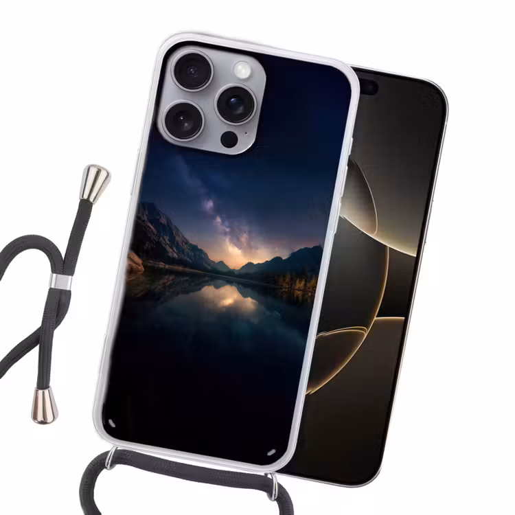 Kristalhelder meer - Bergen - Bergen Hoesje iPhone 16 Pro Max met koord klein -sfeer1