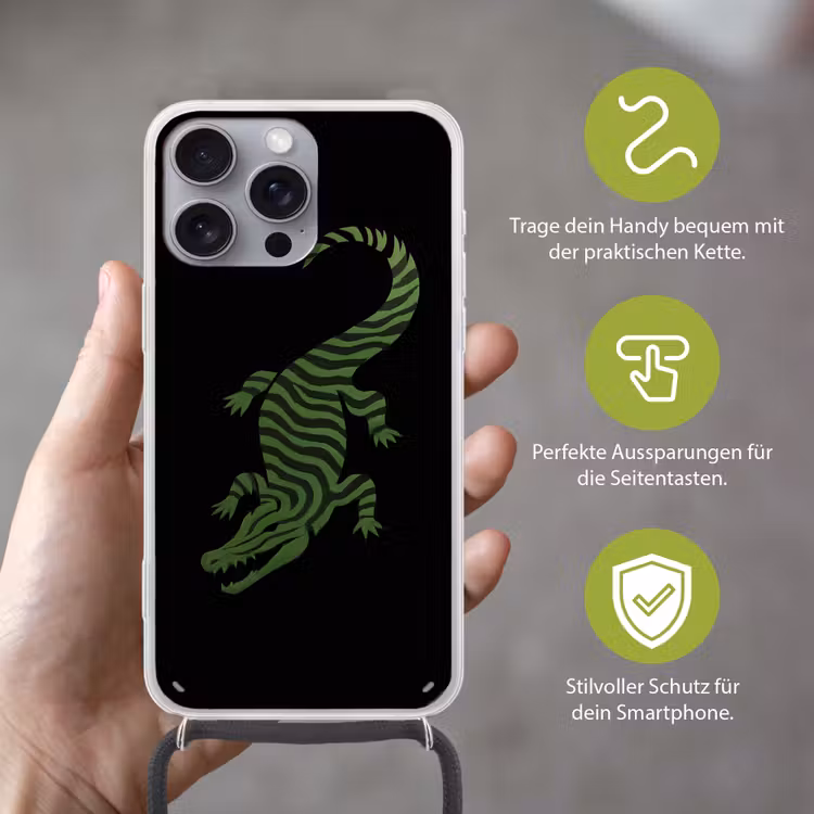 Krokodil - Groen - Tijgerachtig - Strepen Hoesje iPhone 16 Pro Max met koord klein -sfeer2_DE