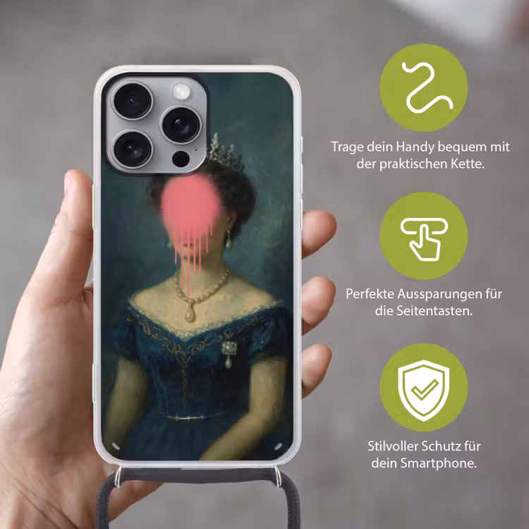 Kroon - Roze druipend verf - Portret Hoesje iPhone 16 Pro Max met koord klein -sfeer2_DE