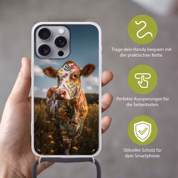 Koe - Bloemen - Weiland Hoesje iPhone 16 Pro Max met koord klein -sfeer2_DE