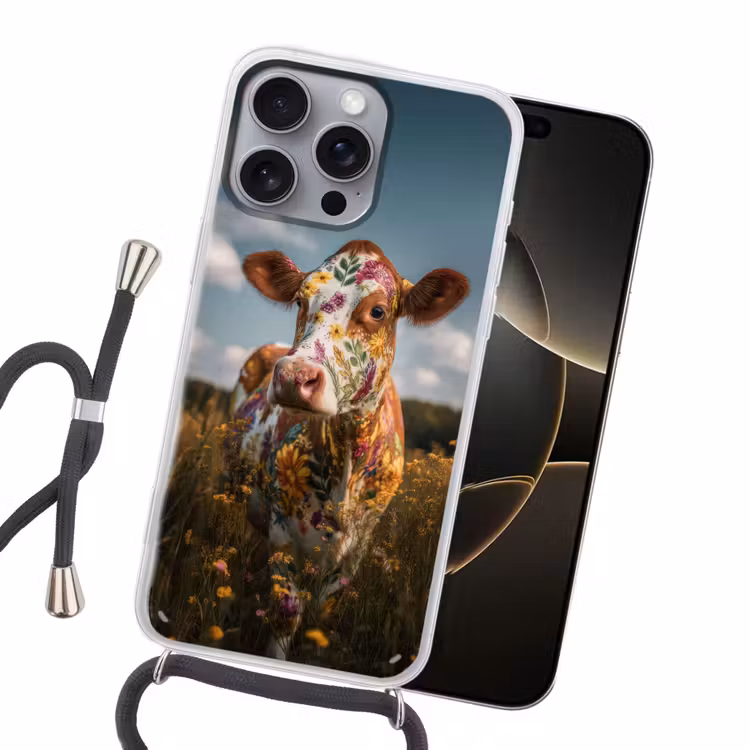 Koe - Bloemen - Weiland Hoesje iPhone 16 Pro Max met koord klein -sfeer1