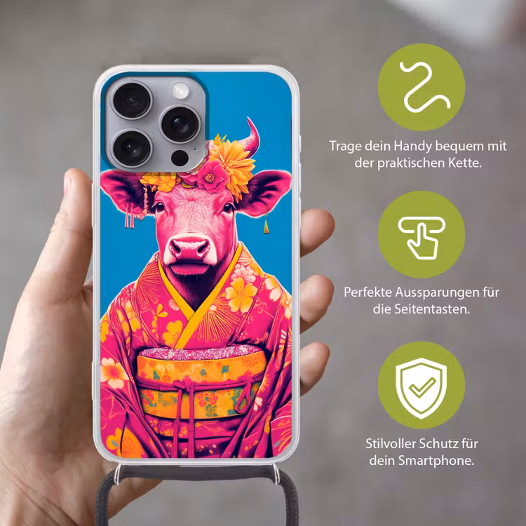 Koe - Bloemenkrans - Oorhangers - Kimono Hoesje iPhone 16 Pro Max met koord klein -sfeer2_DE