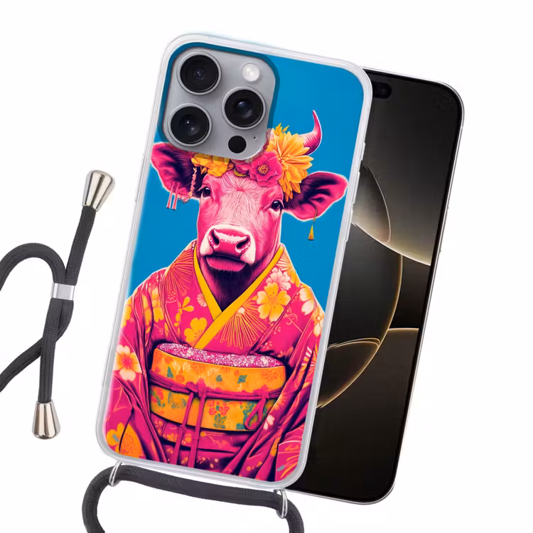 Koe - Bloemenkrans - Oorhangers - Kimono Hoesje iPhone 16 Pro Max met koord klein -sfeer1