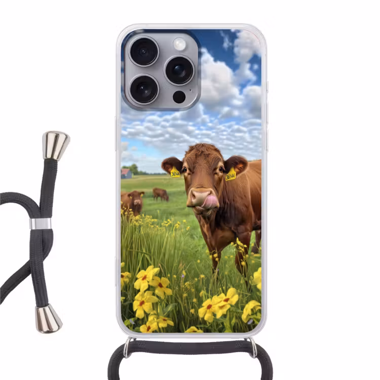 Koe - Weide - Bloemen Hoesje iPhone 16 Pro Max met koord klein -3d