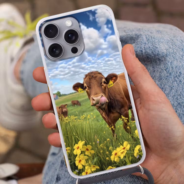 Koe - Weide - Bloemen Hoesje iPhone 16 Pro Max met koord klein -sfeer3