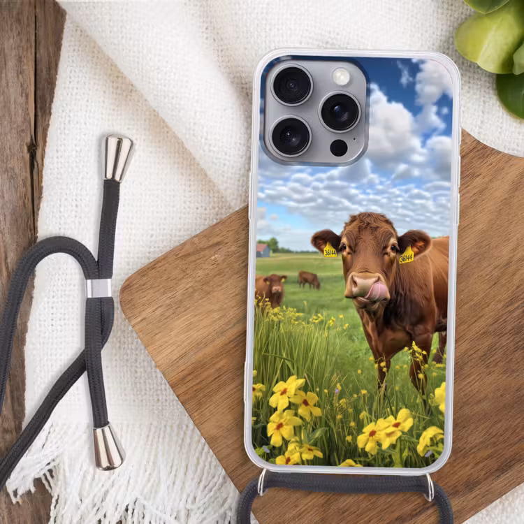 Koe - Weide - Bloemen Hoesje iPhone 16 Pro Max met koord klein -sfeer4