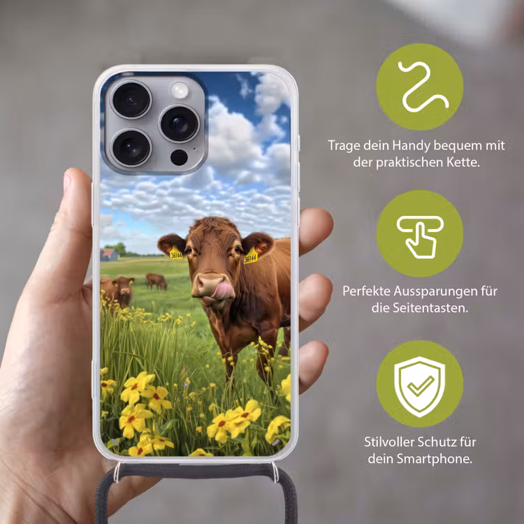 Koe - Weide - Bloemen Hoesje iPhone 16 Pro Max met koord klein -sfeer2_DE