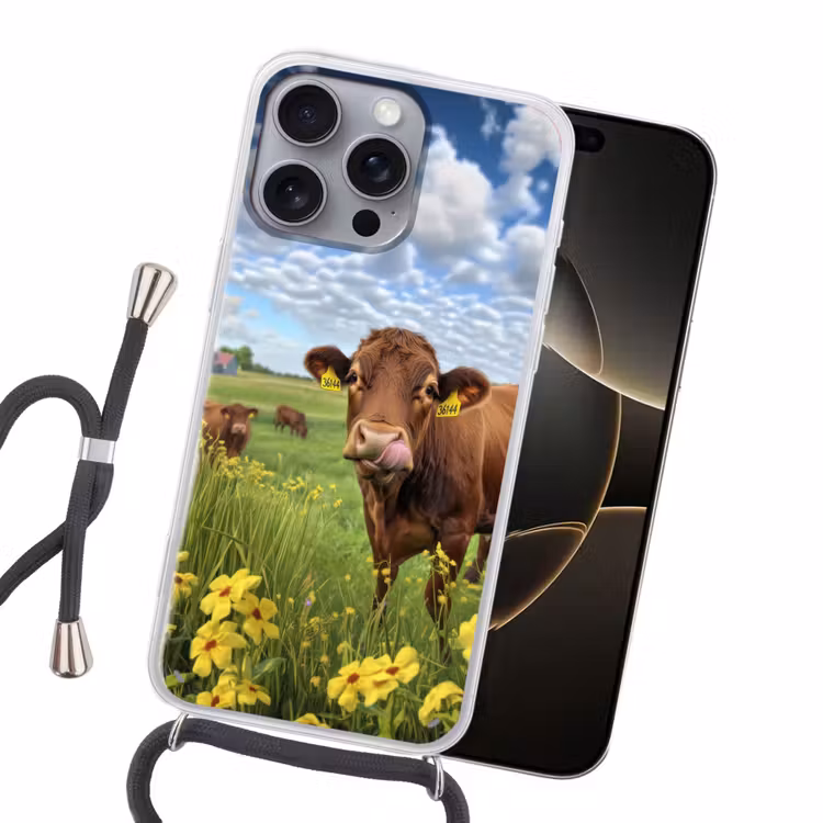 Koe - Weide - Bloemen Hoesje iPhone 16 Pro Max met koord klein -sfeer1