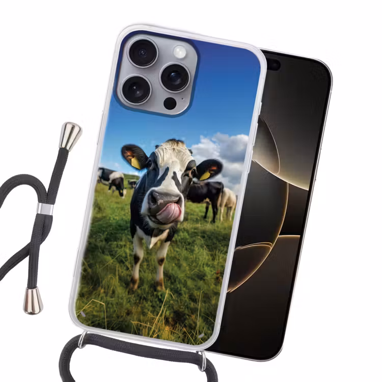 Koe - Tong - Weide Hoesje iPhone 16 Pro Max met koord klein -sfeer1