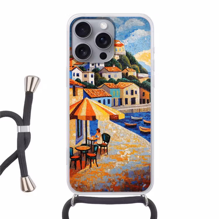 Kustdorp - Huisjes - Mozaïek - Zee Hoesje iPhone 16 Pro Max met koord klein -3d