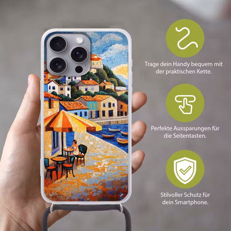 Kustdorp - Huisjes - Mozaïek - Zee Hoesje iPhone 16 Pro Max met koord klein -sfeer2_DE