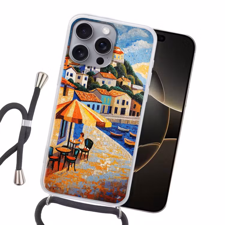 Kustdorp - Huisjes - Mozaïek - Zee Hoesje iPhone 16 Pro Max met koord klein -sfeer1