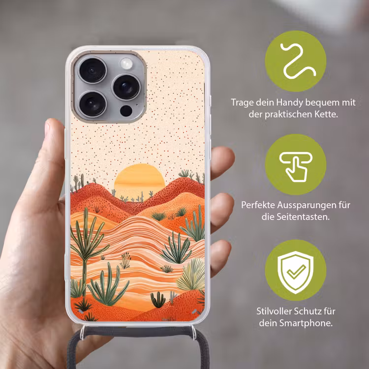 Landschap - Heuvels - Zonsondergang Hoesje iPhone 16 Pro Max met koord klein -sfeer2_DE