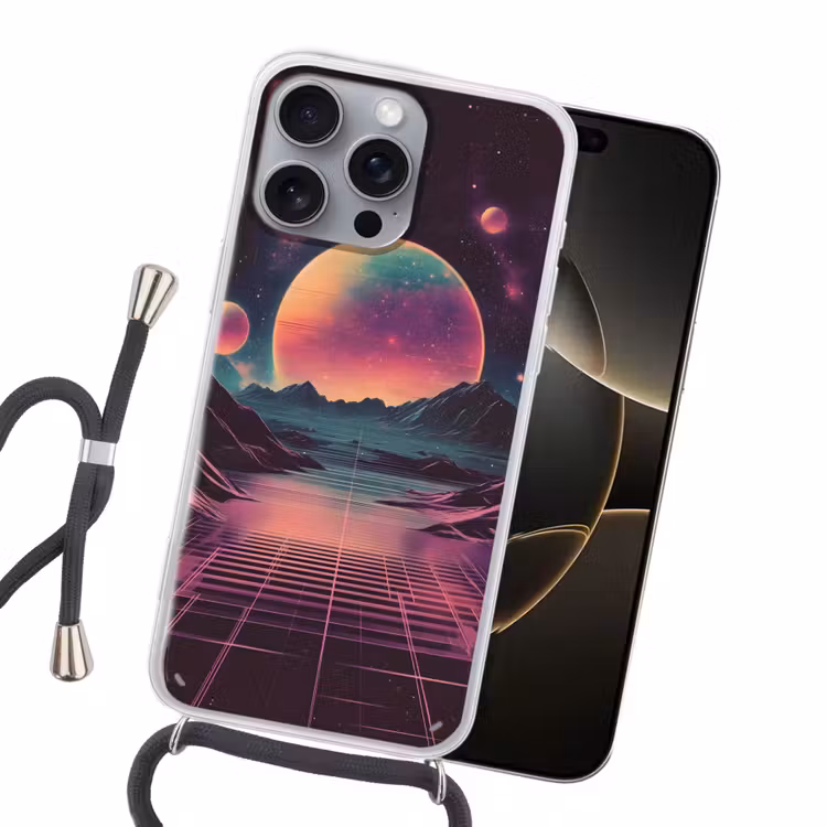 Landschap - Planeten - Horizon - Paars Hoesje iPhone 16 Pro Max met koord klein -sfeer1