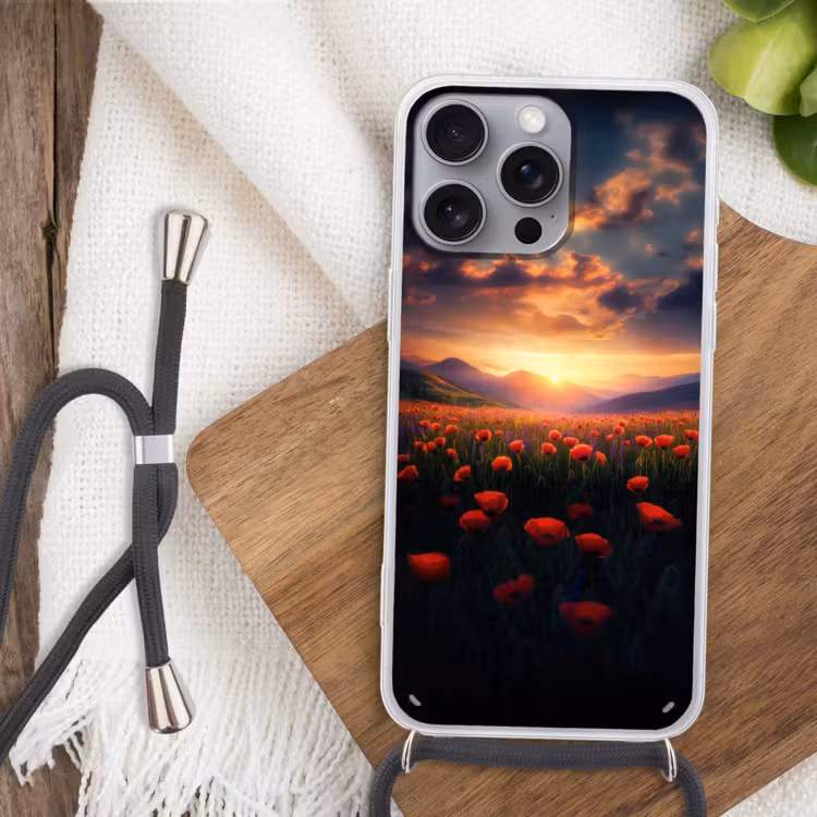 Landschap - Zonsondergang - Bloemenveld Hoesje iPhone 16 Pro Max met koord klein -sfeer4