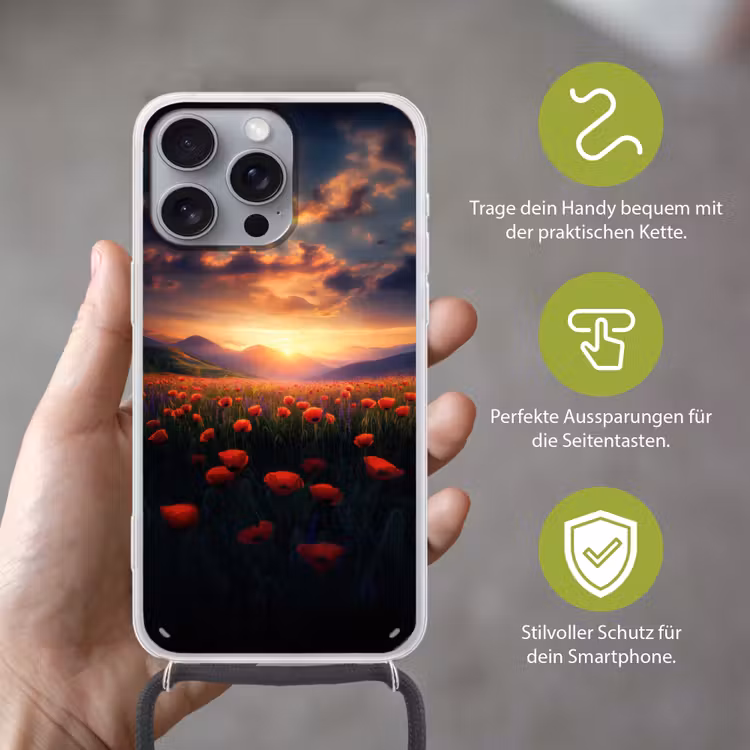 Landschap - Zonsondergang - Bloemenveld Hoesje iPhone 16 Pro Max met koord klein -sfeer2_DE