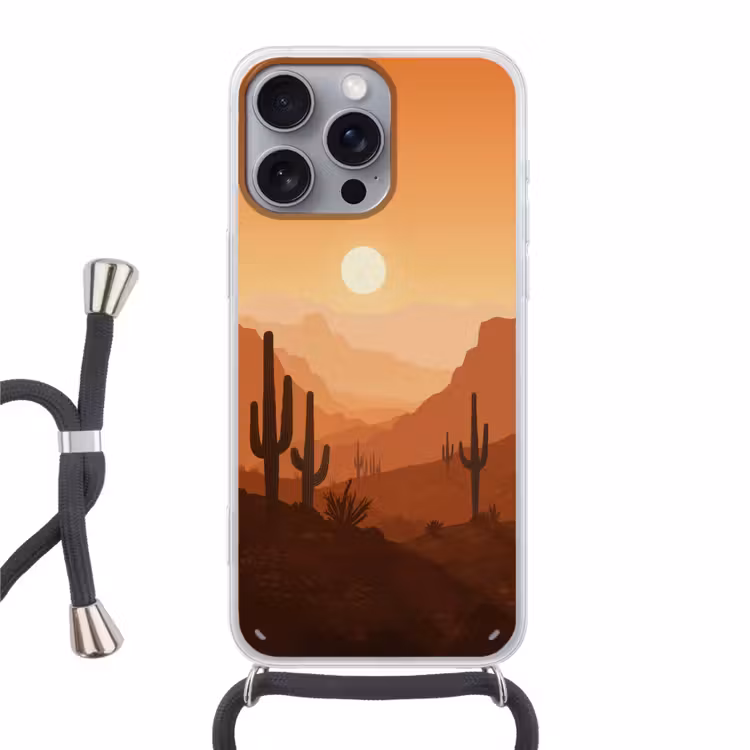 Landschap - Woestijn - Cactussen - Zon Hoesje iPhone 16 Pro Max met koord klein -3d