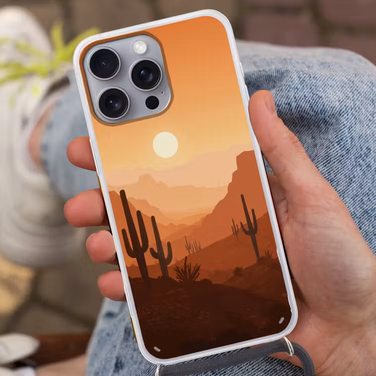 Landschap - Woestijn - Cactussen - Zon Hoesje iPhone 16 Pro Max met koord klein -sfeer3