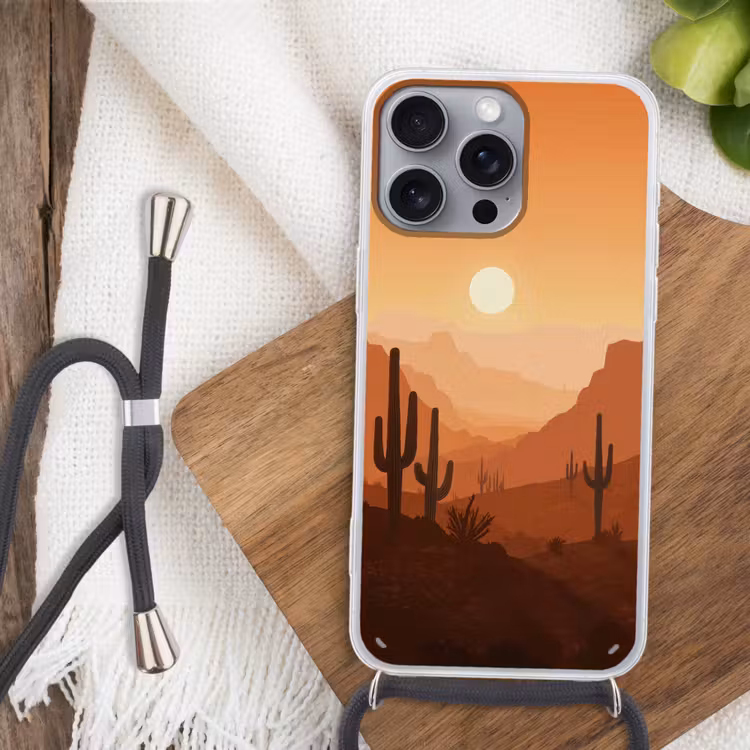 Landschap - Woestijn - Cactussen - Zon Hoesje iPhone 16 Pro Max met koord klein -sfeer4