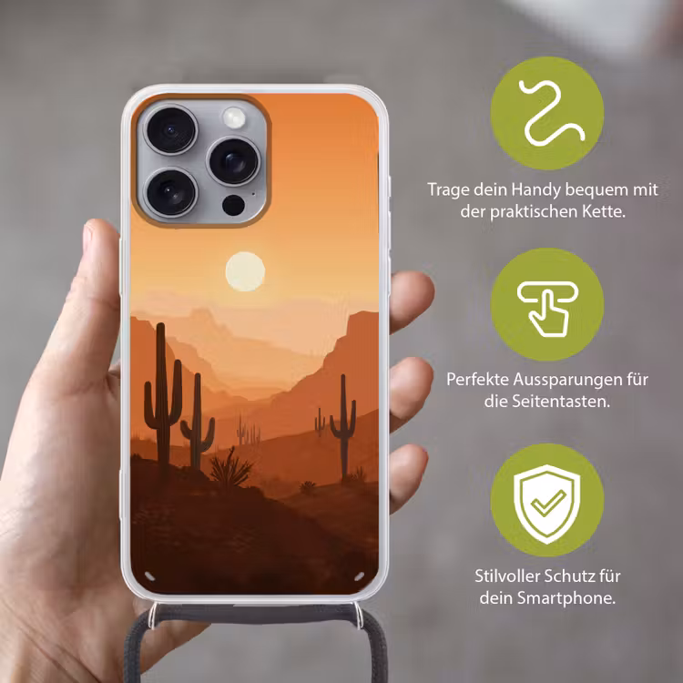 Landschap - Woestijn - Cactussen - Zon Hoesje iPhone 16 Pro Max met koord klein -sfeer2_DE