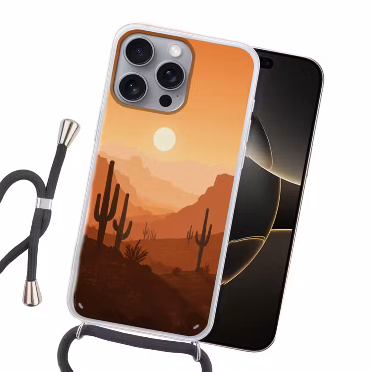 Landschap - Woestijn - Cactussen - Zon Hoesje iPhone 16 Pro Max met koord klein -sfeer1