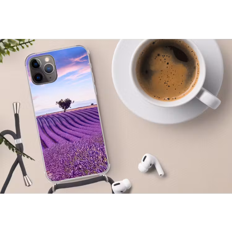 Lavendel - Natuur - Paars - Bomen Hoesje iPhone 12 Pro met koord klein -oordop