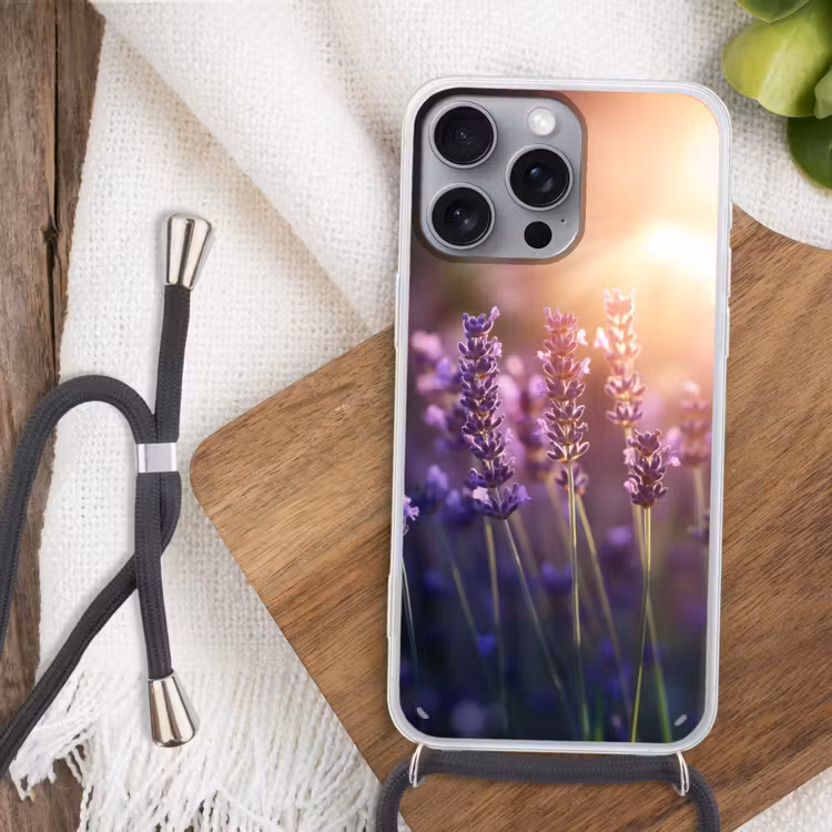 Lavendelbloemen - Paars - Zonlicht Hoesje iPhone 16 Pro Max met koord klein -sfeer4