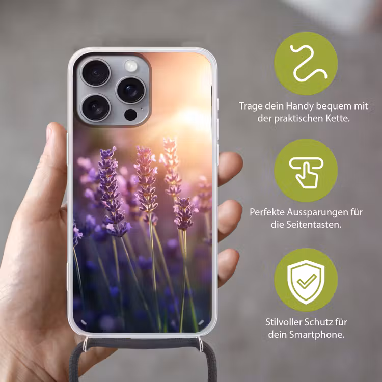 Lavendelbloemen - Paars - Zonlicht Hoesje iPhone 16 Pro Max met koord klein -sfeer2_DE