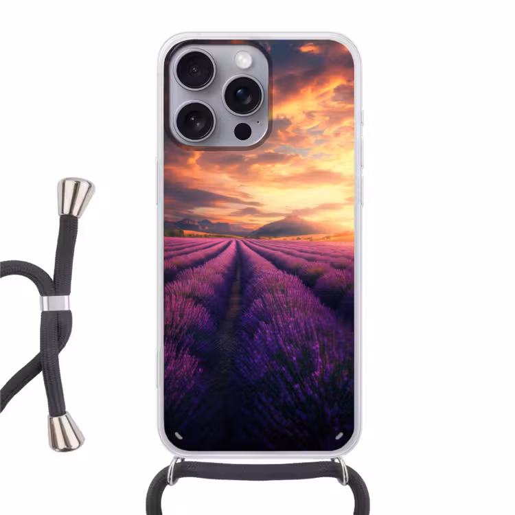 Lavendelveld - Zonsondergang - Paars Hoesje iPhone 16 Pro Max met koord klein -3d