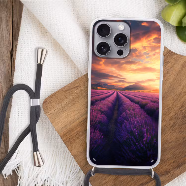 Lavendelveld - Zonsondergang - Paars Hoesje iPhone 16 Pro Max met koord klein -sfeer4