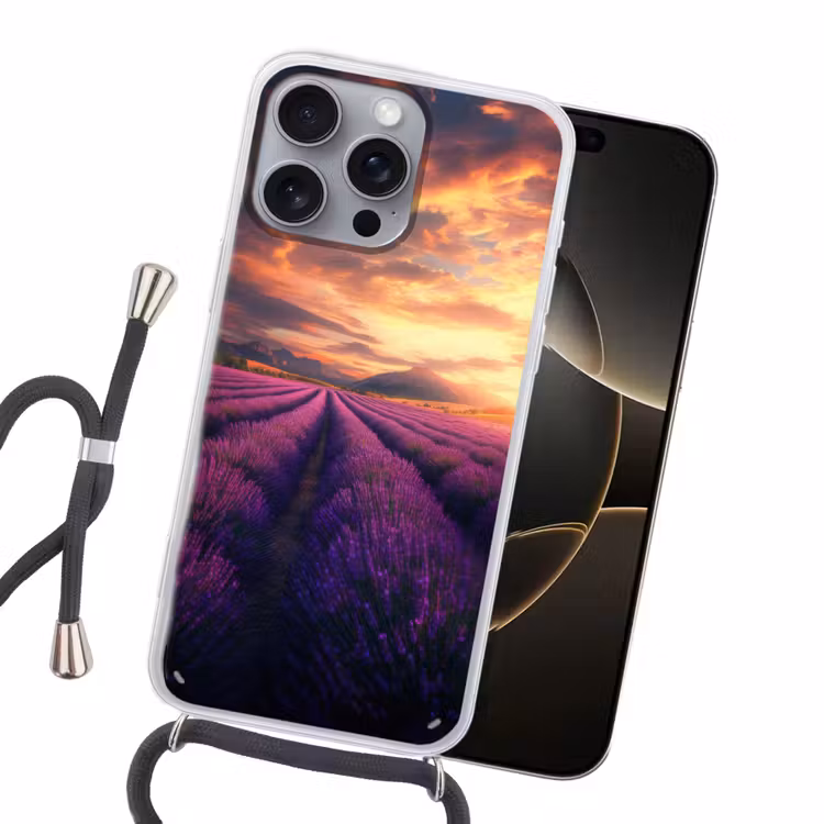 Lavendelveld - Zonsondergang - Paars Hoesje iPhone 16 Pro Max met koord klein -sfeer1