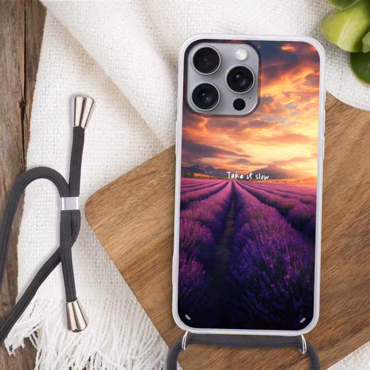 Lavendelveld - Quote - Zonsondergang Hoesje iPhone 16 Pro Max met koord klein -sfeer4
