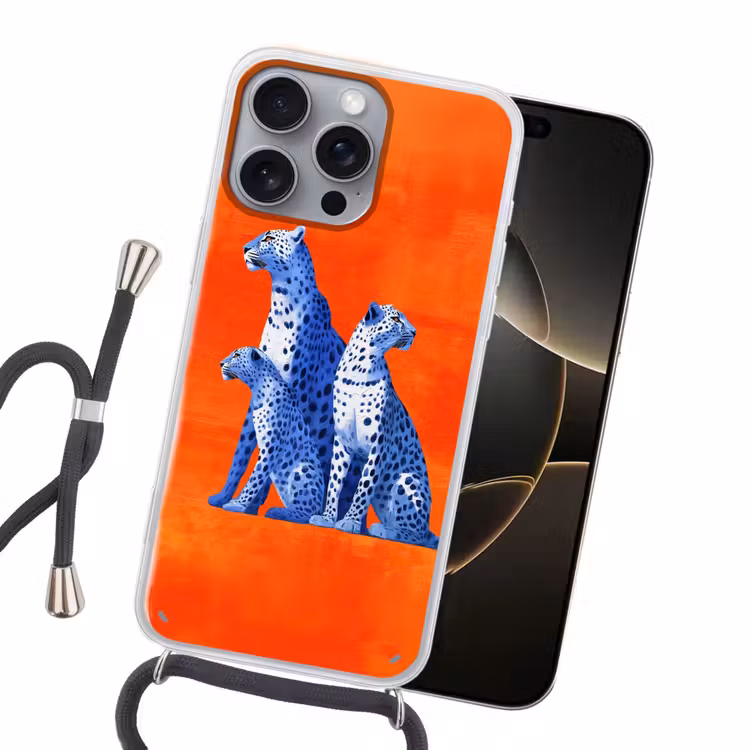 Luipaarden - Stippen - Oranje Hoesje iPhone 16 Pro Max met koord klein -sfeer1