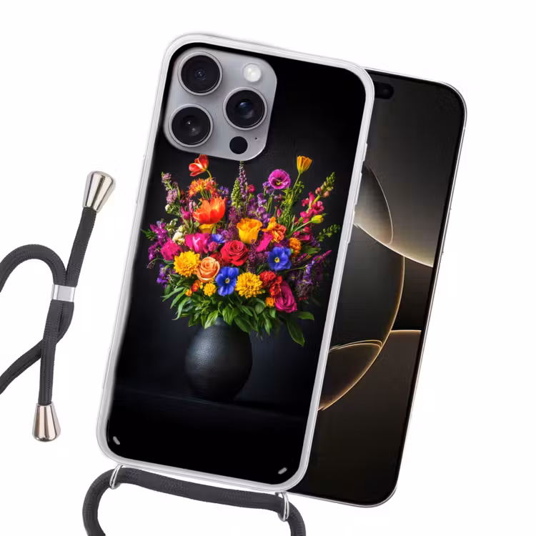 Felgekleurd - Bloemen - Vaas Hoesje iPhone 16 Pro Max met koord klein -sfeer1