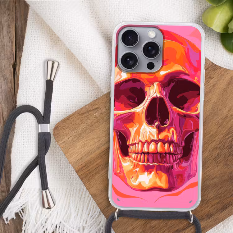 Felroze - Tanden - Schedel Hoesje iPhone 16 Pro Max met koord klein -sfeer4