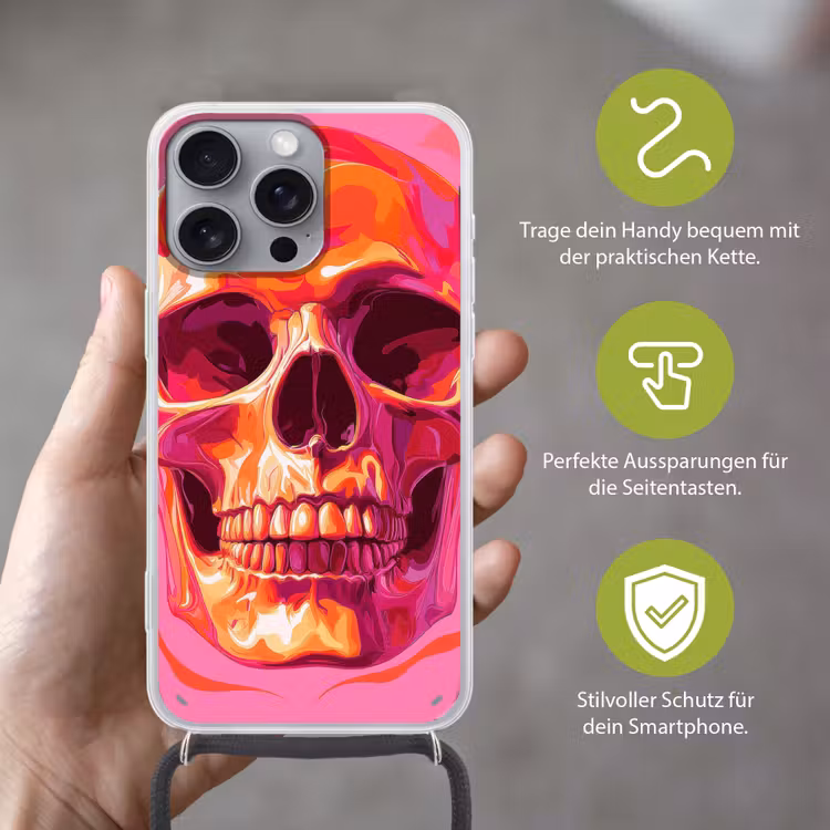 Felroze - Tanden - Schedel Hoesje iPhone 16 Pro Max met koord klein -sfeer2_DE