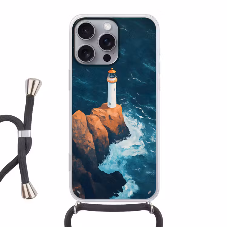 Vuurtoren - Rots - Zee - Golven Hoesje iPhone 16 Pro Max met koord klein -3d