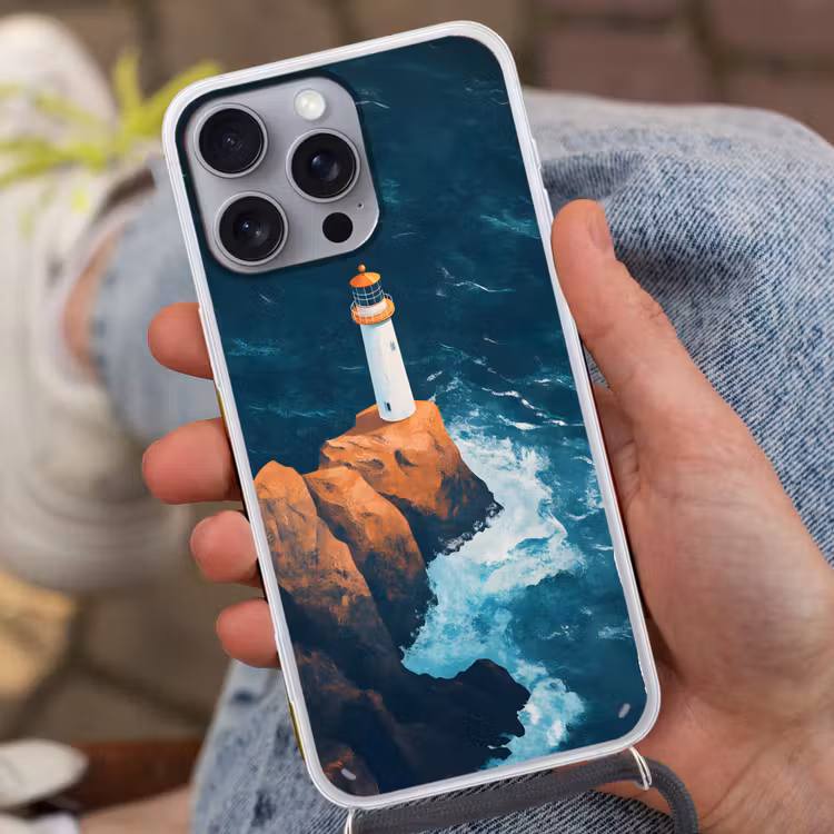 Vuurtoren - Rots - Zee - Golven Hoesje iPhone 16 Pro Max met koord klein -sfeer3