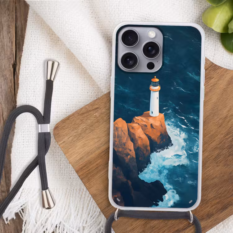 Vuurtoren - Rots - Zee - Golven Hoesje iPhone 16 Pro Max met koord klein -sfeer4