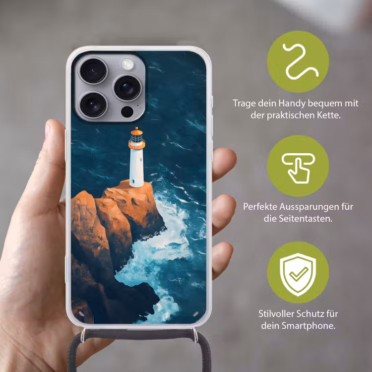 Vuurtoren - Rots - Zee - Golven Hoesje iPhone 16 Pro Max met koord klein -sfeer2_DE
