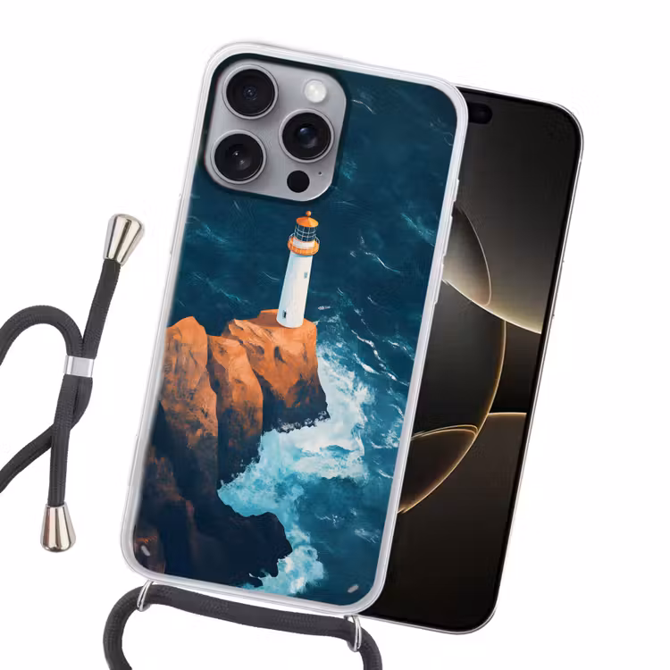 Vuurtoren - Rots - Zee - Golven Hoesje iPhone 16 Pro Max met koord klein -sfeer1