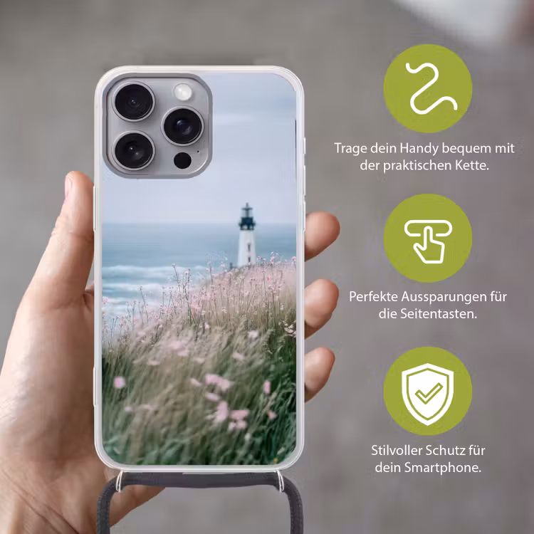 Vuurtoren - Klif - Zee - Bloemen Hoesje iPhone 16 Pro Max met koord klein -sfeer2_DE