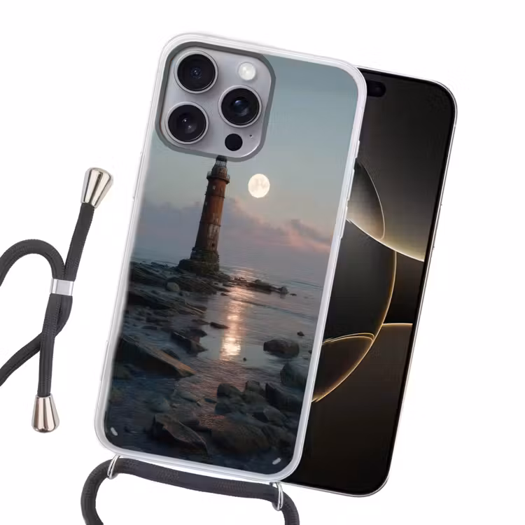 Vuurtoren - Stenen - Water - Maan Hoesje iPhone 16 Pro Max met koord klein -sfeer1